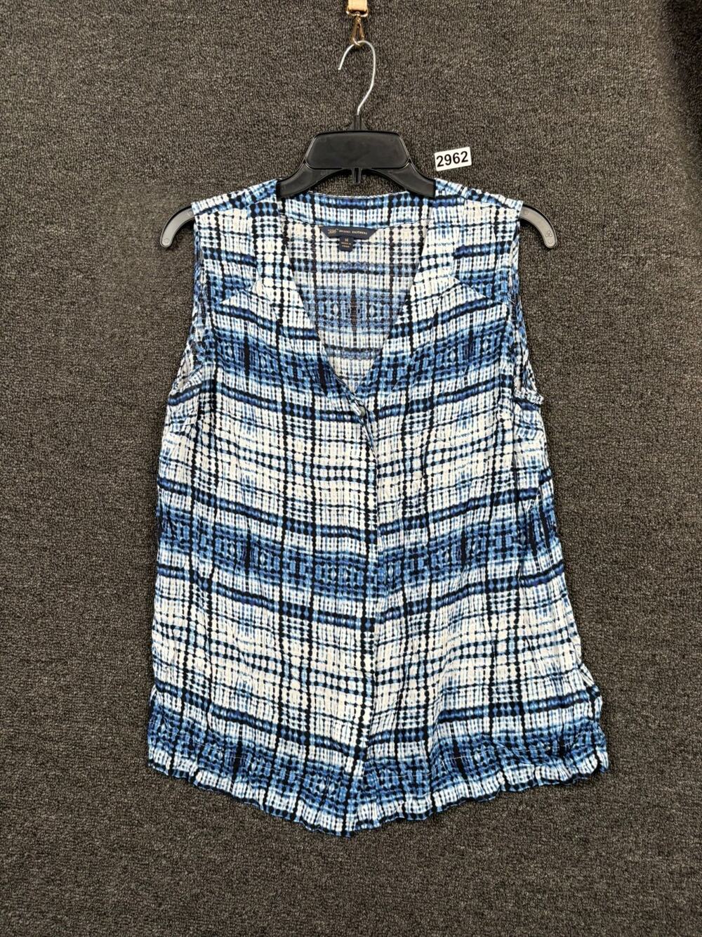 346 Brooks Brothers Button Up Blouse Womens Size 14 Plaid White Blue Sleeveless